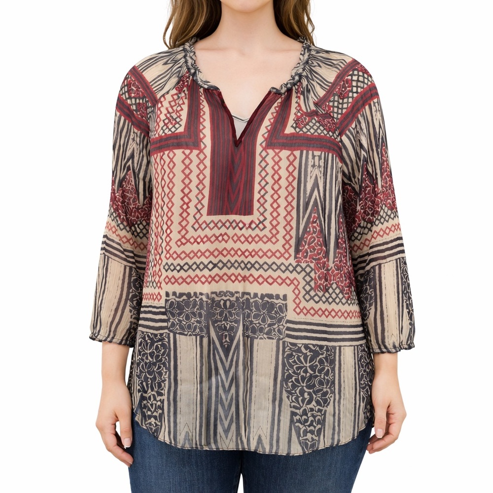 Lucky Brand‎ Boho Print Blouse Size 2X Sheer Tribal Peasant Top Long Sleeve